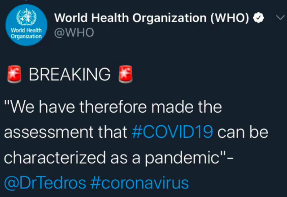 世界卫生组织(WHO)正式宣布新冠肺炎疫情已构成全球大流行病!